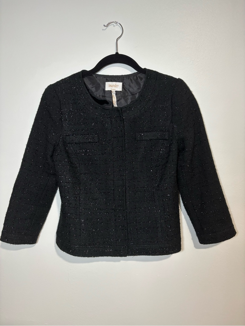 Laundry By Shelli Segal Black Tweed Collarless Jacket